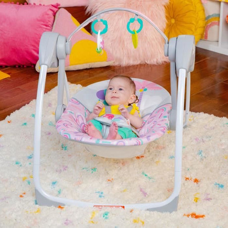 BRIGHT STARTS Balancelle bébé électrique compacte – Animaux, rose, 6 vitesses balancement, 10 chansons, 2 position d'inclinaison