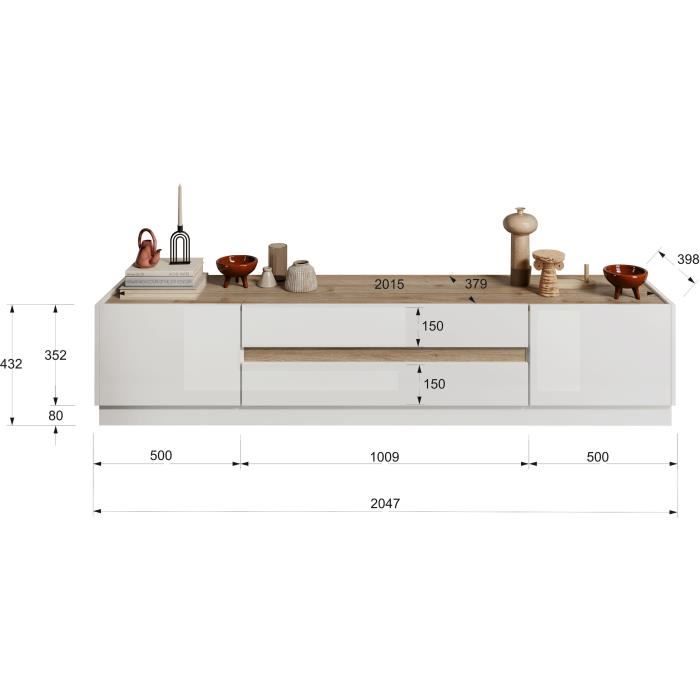 Meuble TV - FIRENZE - 2 portes - 2 tiroirs - Blanc laqué - Chene Cadiz - 205 x 40 x 44 cm