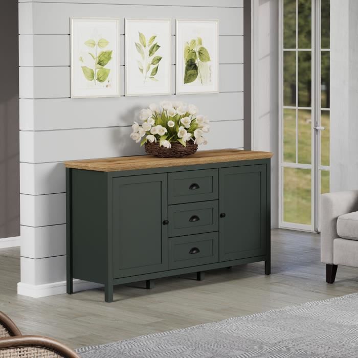 Buffet - Stanton  - Vert profond / chene naturel - 2 portes - 3 tiroirs - 146cm x 45cm x 86cm