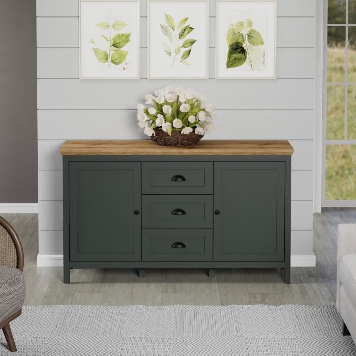 Buffet - Stanton  - Vert profond / chene naturel - 2 portes - 3 tiroirs - 146cm x 45cm x 86cm