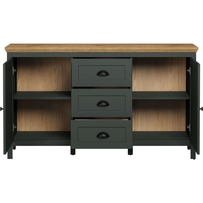 Buffet - Stanton  - Vert profond / chene naturel - 2 portes - 3 tiroirs - 146cm x 45cm x 86cm