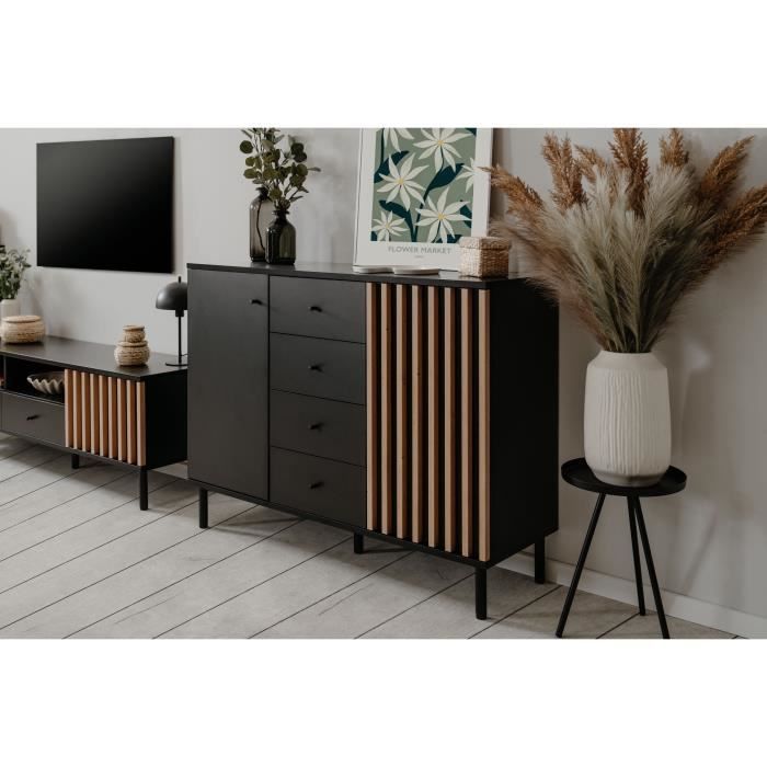 Buffet - MONZA 01B - Noir / Chene artisan - 2 portes - 4 tiroirs - 118 x 90 x 40 cm
