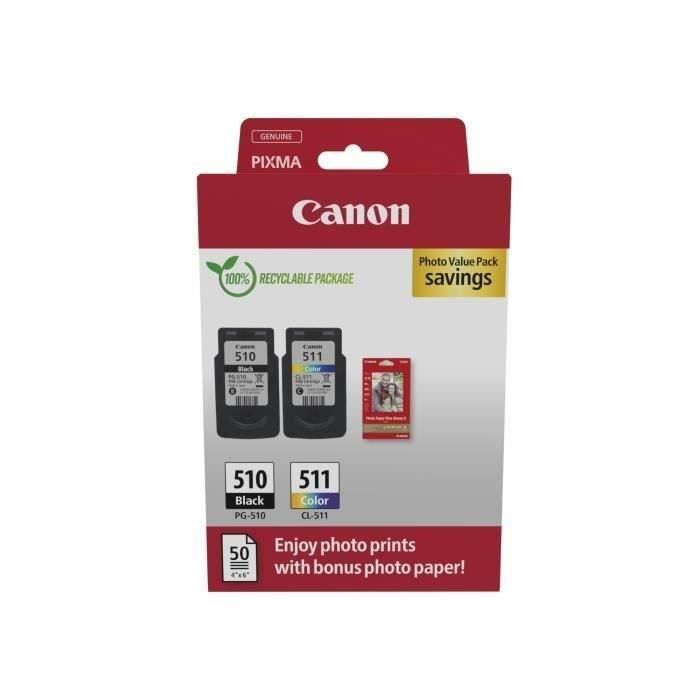 Pack 2 cartouches d'encre Canon PG-510/CL-511 (Noir + Couleurs) + 50x Papiers photo