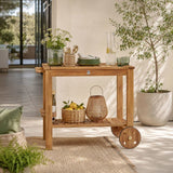 Desserte de jardin a roulettes en bois d'acacia FSC - SOLIS - Avec porte-bouteilles - Bois naturel -  94 x 49,3 x 74 cm