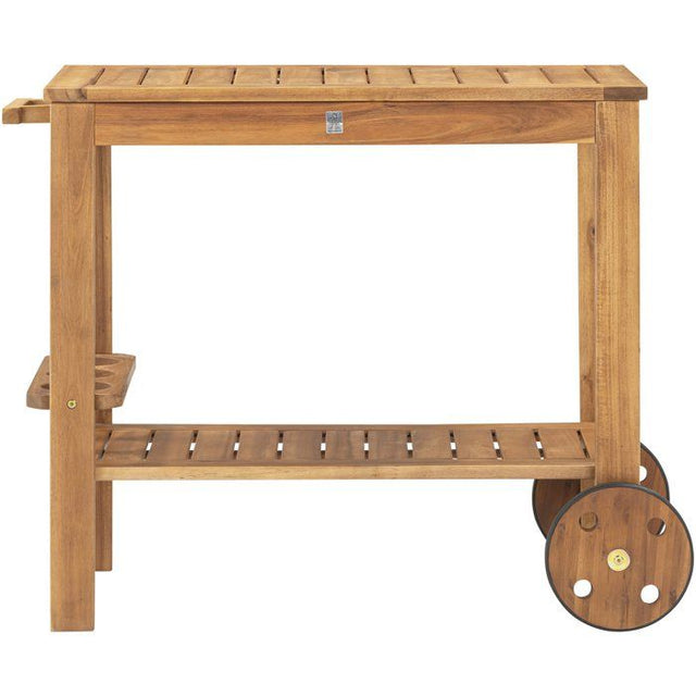 Desserte de jardin a roulettes en bois d'acacia FSC - SOLIS - Avec porte-bouteilles - Bois naturel -  94 x 49,3 x 74 cm