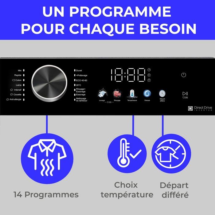Lave-linge hublot - CONTINENTAL EDISON - CELL1012DDW1 - 10kg - MOTEUR INDUCTION DIRECTE SANS COURROIE - 60 cm - 1200 trs/min - Blanc