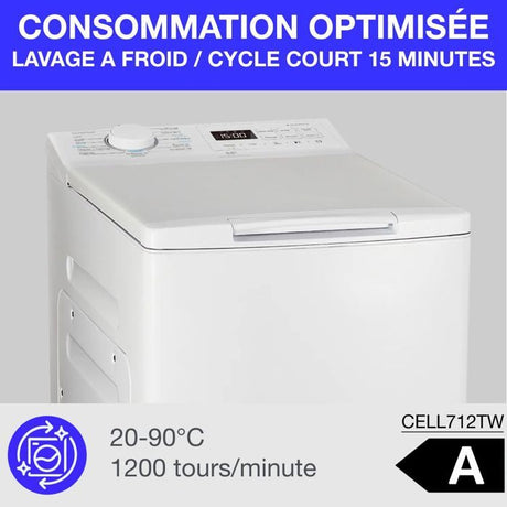 Lave-linge top - CONTINENTAL EDISON CELL712TW - 7 kg - Induction - 40 cm - 1200 trs/min - Blanc