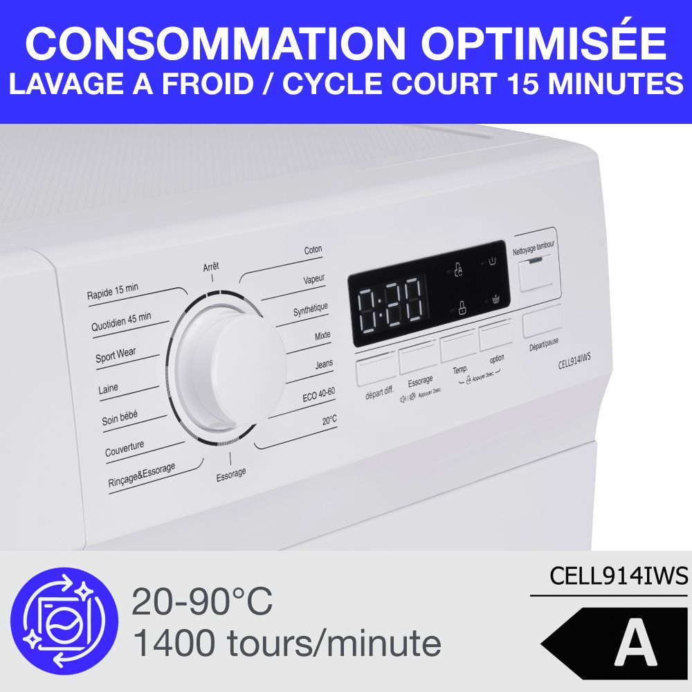 Lave-linge hublot CONTINENTAL EDISON CELL914IWS - 9 kg - Largeur 59,5 cm - Classe A -  1400 trs - moteur induction -Blanc