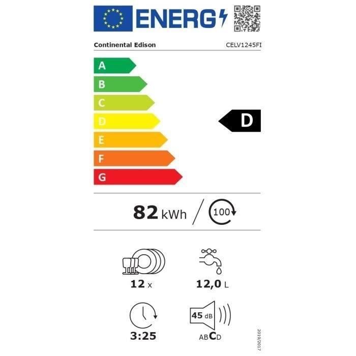 Lave-vaisselle encastrable CONTINENTAL EDISON CELV1245FI - 12 couverts - Largeur 59,8 cm - Classe D - 45 dB - Blanc