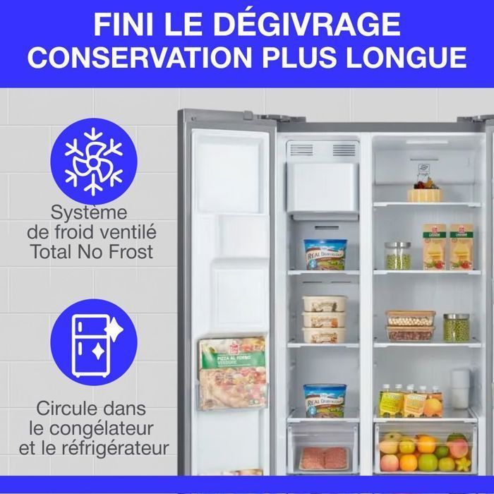 Réfrigérateur américain - CONTINENTAL EDISON - CERANF556IX1 - Distributeur eau / glaçons - Classe E - 91,1 x 70,6 x 178 cm - Silver