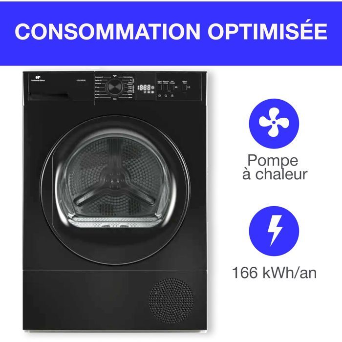 Seche-linge pompe a chaleur CONTINENTAL EDISON CESL10PCB2 - 10 kg - 60 cm - Classe E - Noir