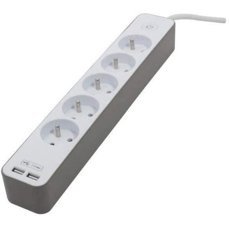 CHACON Bloc multiprise 5 prises 16 A avec 2 ports USB et câble 1,5 m HO5VV-F 3x1,5 mm˛ blanc et brun