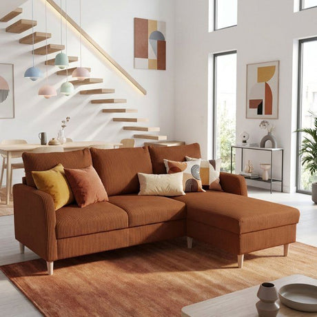 Canapé d'angle fixe - 3 places - CHIPY - Tissu Lincoln Terracotta - Pieds bois nature - 192 x 82 x 138 cm