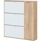 Meuble a chaussures - CLASS - 3 tiroirs abattants et 1 porte - Chene et blanc - L106xP22xH115cm