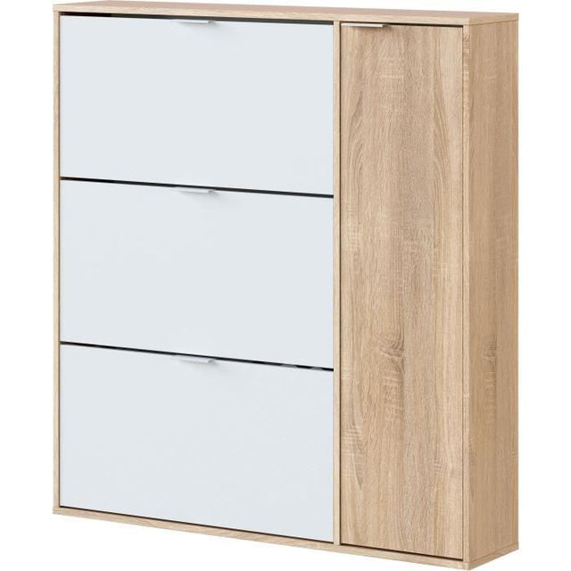 Meuble a chaussures - CLASS - 3 tiroirs abattants et 1 porte - Chene et blanc - L106xP22xH115cm