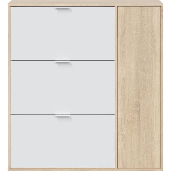 Meuble a chaussures - CLASS - 3 tiroirs abattants et 1 porte - Chene et blanc - L106xP22xH115cm