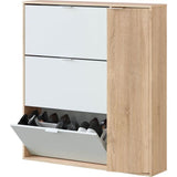 Meuble a chaussures - CLASS - 3 tiroirs abattants et 1 porte - Chene et blanc - L106xP22xH115cm