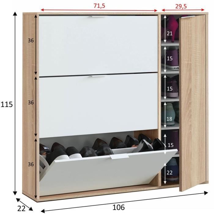 Meuble a chaussures - CLASS - 3 tiroirs abattants et 1 porte - Chene et blanc - L106xP22xH115cm