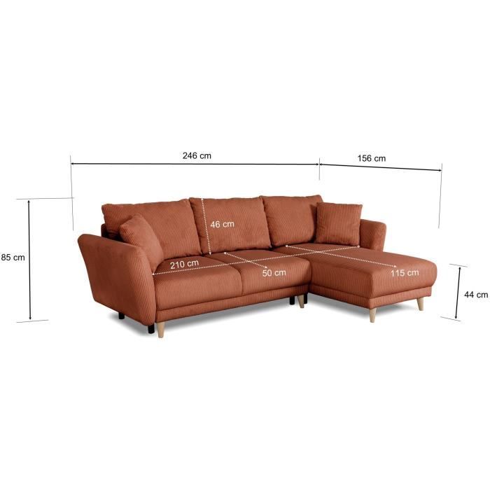 Canapé d'angle convertible réversible - 3 / 4 places - CLAUDIUS - Tissu Velours côtelé Terracotta - Coffre - 244 x 158 x 86 cm