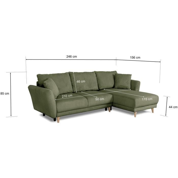 Canapé d'angle convertible réversible - 3 / 4 places - CLAUDIUS - Tissu Velours côtelé Kaki - Coffre - 244 x 158 x 86 cm