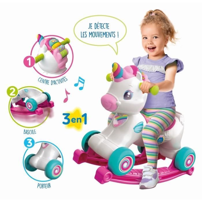 Licorne ŕ bascule et ŕ roues - Clementoni - Rose - Capteur de caresse et détecteur de mouvement