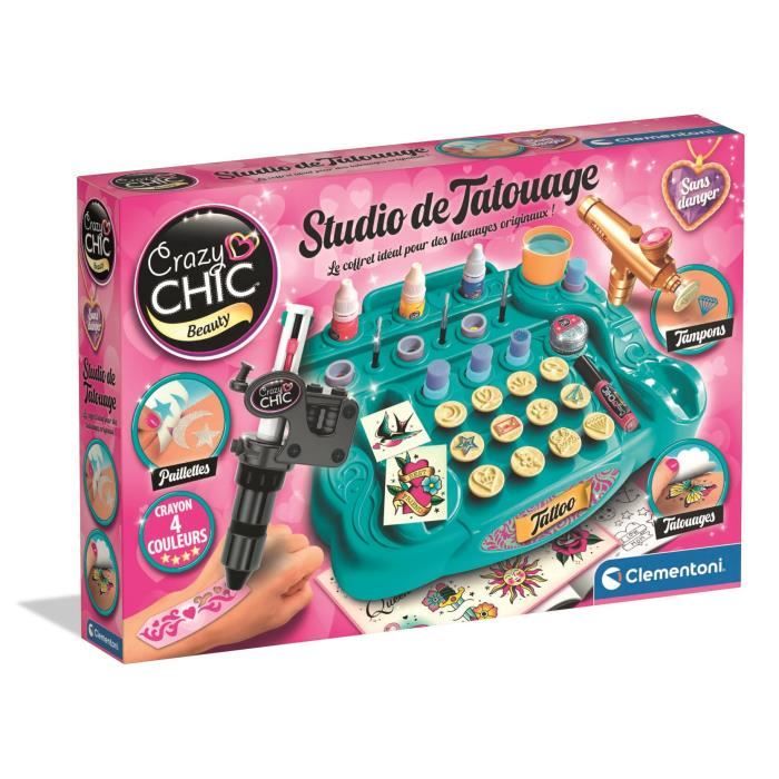 CLEMENTONI - Studio de tatouage temporaires pour enfant - Kit complet  - Pochoirs, peintures corps et transfert - Des 7 ans