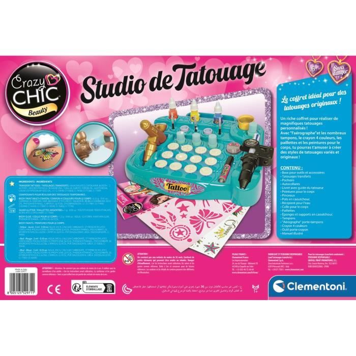 CLEMENTONI - Studio de tatouage temporaires pour enfant - Kit complet  - Pochoirs, peintures corps et transfert - Des 7 ans