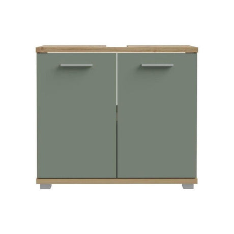 Meuble sous-lavabo - 2 portes - Décor chene & vert sauge - L69,9 x P28,9 x H62 cm - CHAMP