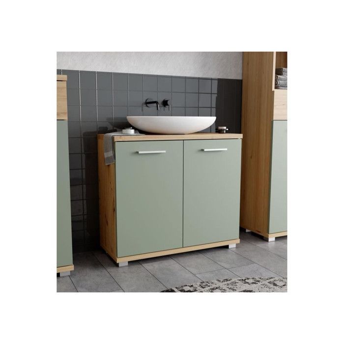 Meuble sous-lavabo - 2 portes - Décor chene & vert sauge - L69,9 x P28,9 x H62 cm - CHAMP
