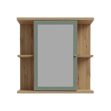 Armoire de toilette - Décor chene et vert sauge - Porte- Miroir - Etageres - L69,9 x P23,2 x H68,8 cm
