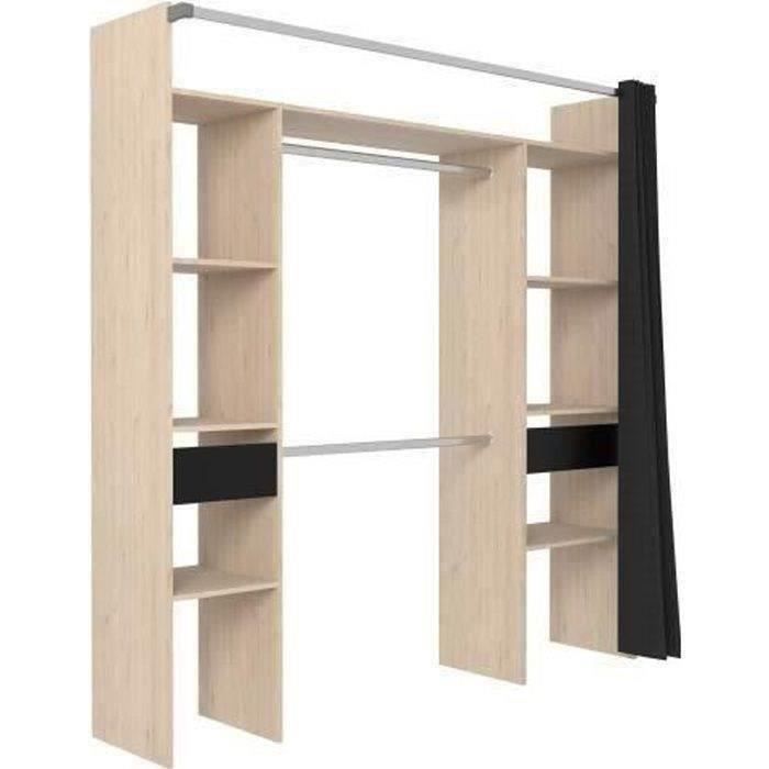 Dressing double ARTIC - L198 x P48 x H203 cm - Décor chene + rideau noir - Made in France