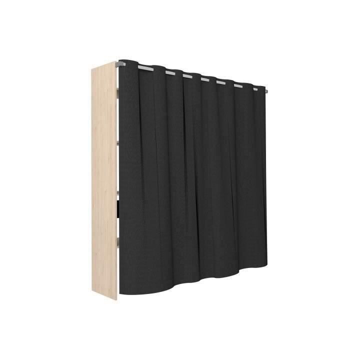 Dressing double ARTIC - L198 x P48 x H203 cm - Décor chene + rideau noir - Made in France