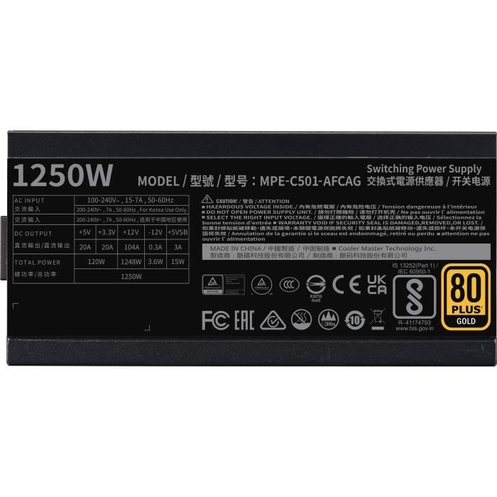 Alimentation PC - COOLER MASTER - MPE-C501-AFCAG-3EEU - MWE Gold 1250W V2 ATX3.1 - 80+ GOLD - 1250 W