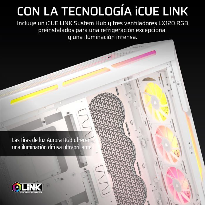 Boîtier PC ATX - CORSAIR - 5000T LX RGB - 3 Ventilateurs LX120 RGB - Éclairage Aurora RGB - Blanc