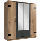 Armoire CORFOU - Décor Chene et gris anthracite + Miroirs - 4 portes battantes - 2 tiroirs - L180 x P58 x H199 cm