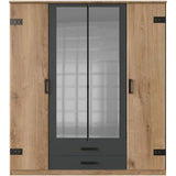 Armoire CORFOU - Décor Chene et gris anthracite + Miroirs - 4 portes battantes - 2 tiroirs - L180 x P58 x H199 cm