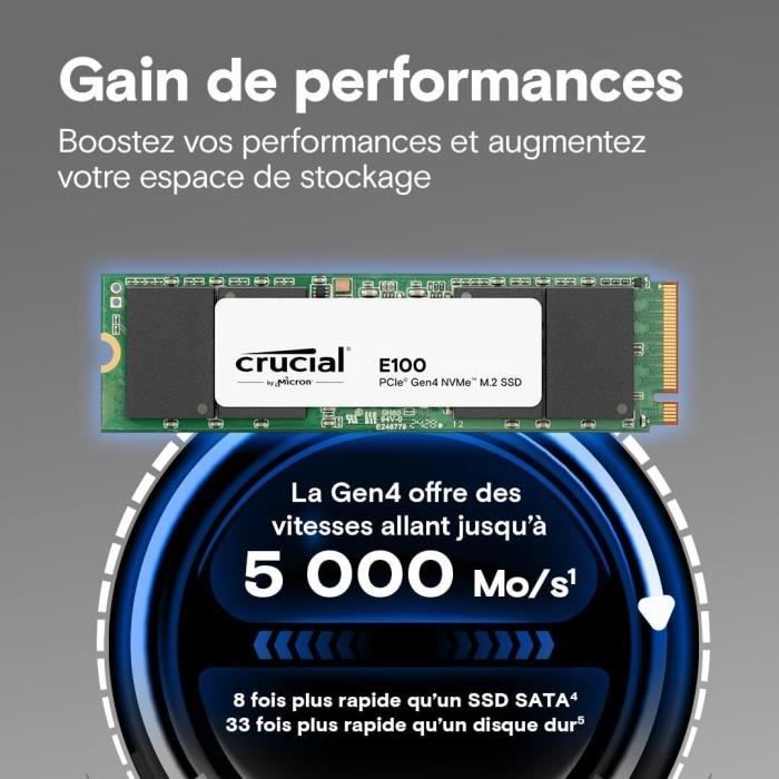CRUCIAL - Disque SSD - E100 PCIe 4.0 Gen4 2280 NVMe M.2 SSD - 2 To