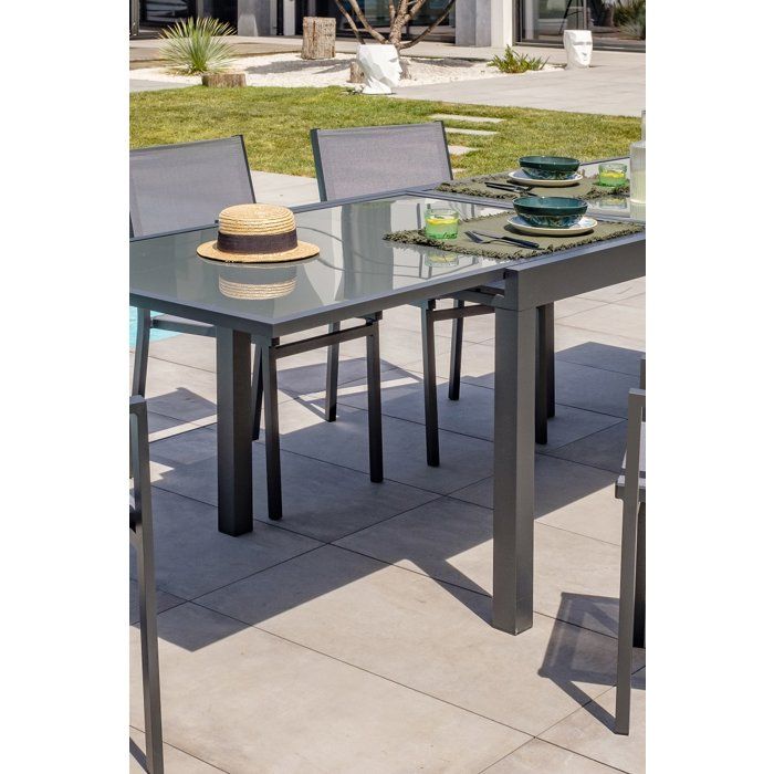 Table de jardin - Gris anthracite - Aluminium / plateau en verre - 135/270 x 90 cm - Tolede
