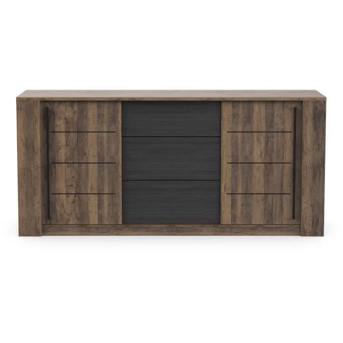 Enfilade MONACO - Décor chene et noir - 2 Portes + 3 Tiroirs - L206 x P44,9 x H94 cm - CBA MEUBLES