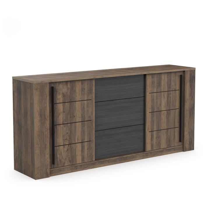 Enfilade MONACO - Décor chene et noir - 2 Portes + 3 Tiroirs - L206 x P44,9 x H94 cm - CBA MEUBLES