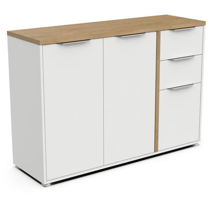 Enfilade ACCESS - 3 portes + 2 tiroirs - Décor chene Hamilton et Blanc  - L 121,5 x P 39,6 x H 85,6 cm - DEMEYERE