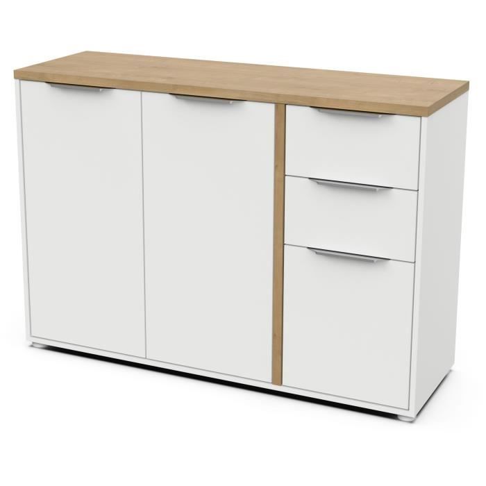 Enfilade ACCESS - 3 portes + 2 tiroirs - Décor chene Hamilton et Blanc  - L 121,5 x P 39,6 x H 85,6 cm - DEMEYERE
