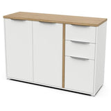 Enfilade ACCESS - 3 portes + 2 tiroirs - Décor chene Hamilton et Blanc  - L 121,5 x P 39,6 x H 85,6 cm - DEMEYERE