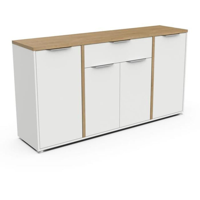 Enfilade ACCESS - 4 portes + 1 tiroir - Décor chene Hamilton et Blanc - L 160,7 x P 39,6 x H 85,6 cm - DEMEYERE