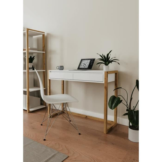 Console Bureau - DENVER - Chene artisan / Blanc - 2 tiroirs - 100 x 35 x 75 cm