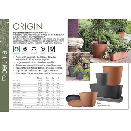 DEROMA Pot de fleurs carré Origin - 28 x 23,5 cm - 12 L - Anthracite