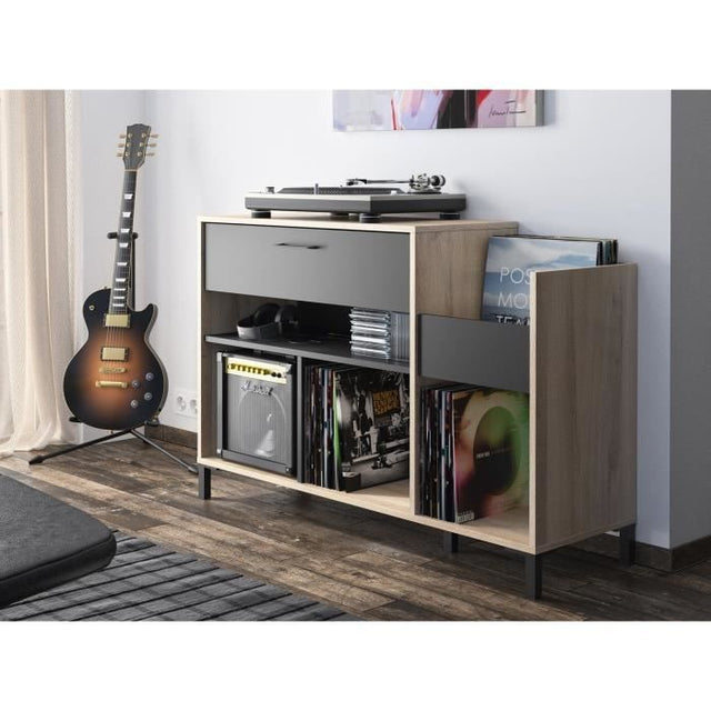 Meuble rangement vinyle - GAMI - Platine - Style urbain - Décor chene - Noir - L 115 x P 40 x H 81 cm