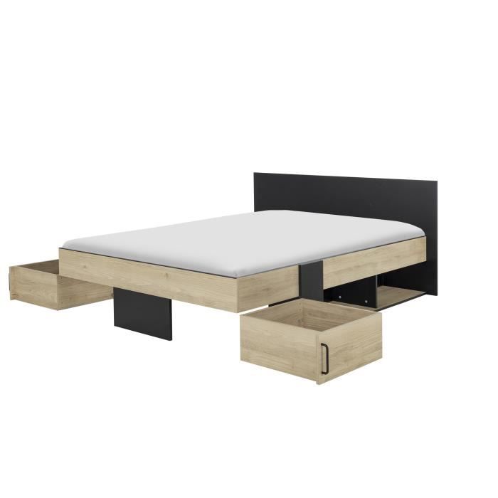 DIAGONE Lit adulte avec tiroirs de rangement  - Chataignier et noir - 140 x 190 - SWIVEL