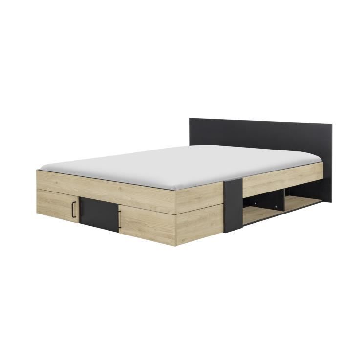 DIAGONE Lit adulte avec tiroirs de rangement  - Chataignier et noir - 160 x 200 - SWIVEL