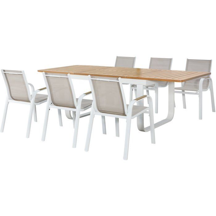 Ensemble repas de jardin - VIANEA - Table extensible 155/245x100x74 cm + 6 fauteuils - Aluminium - Blanc et naturel - 6 personnes